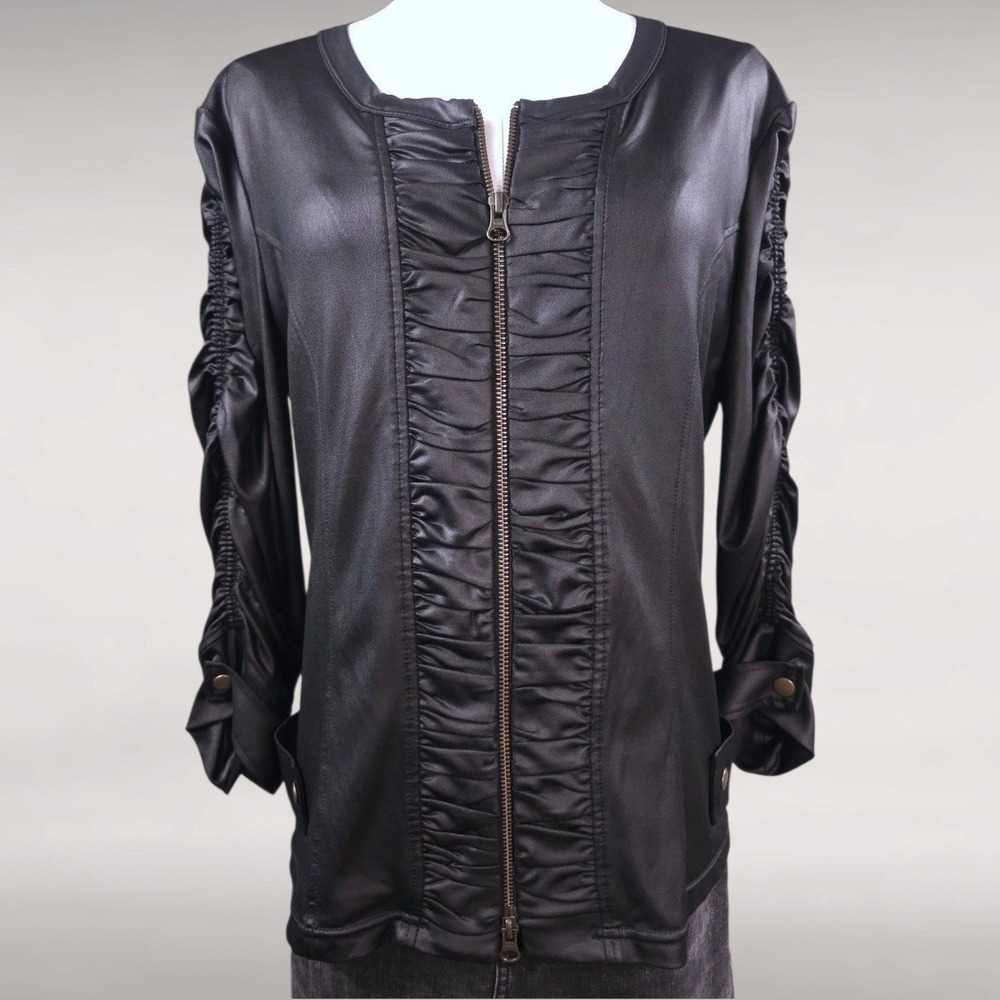 Clara Sunwoo Liquid Leather Chic Ruched Sleeve Zip Front Jacket Black Womens M